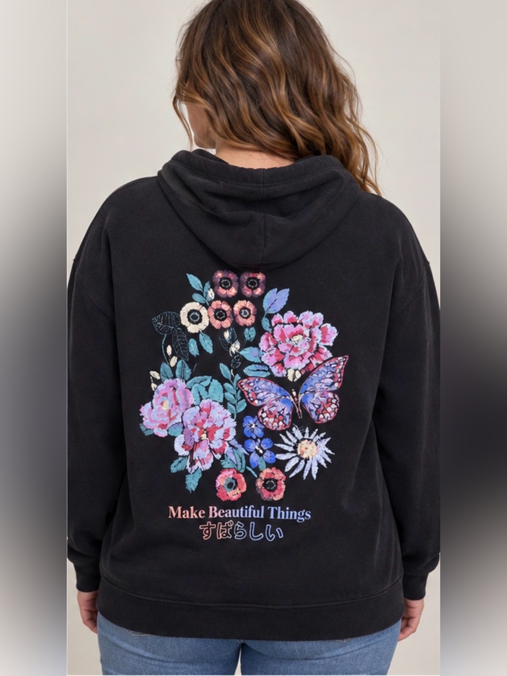 Social Scene Black Floral Butterfly Graphic Hoodie Japanese Size L